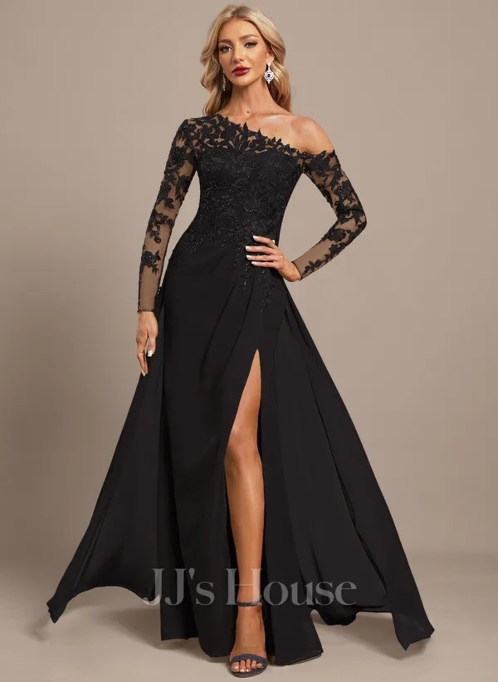 JJ's House Black Lace Sequin Long Sleeve A-Line Formal Gown Size 12 NWT